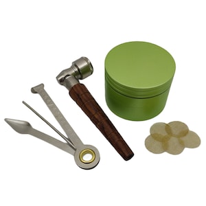 Rosewood & Metal Pipe w/ Screw on Lid BUNDLE - Lime Metal Herb Grinder, 3 in 1 Cleaning Tool + 5 Large Brass Screens