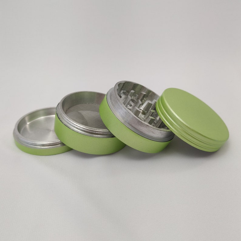 Lime Green Herb Grinder with Catcher, 2" Metal Grinder for Herbs, 4 Piece Tobacco and Kitchen Spice Grinder Set + Screened Bottom Chamber image 4