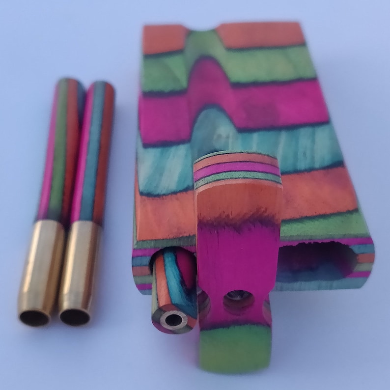Brass Bowl Stash Box Set Rainbow Wooden Chillum Pipes 4 inch Rainbow Dugout with 3 Inch Brass and Wood One Hitter Bat +4 Pipe Screens