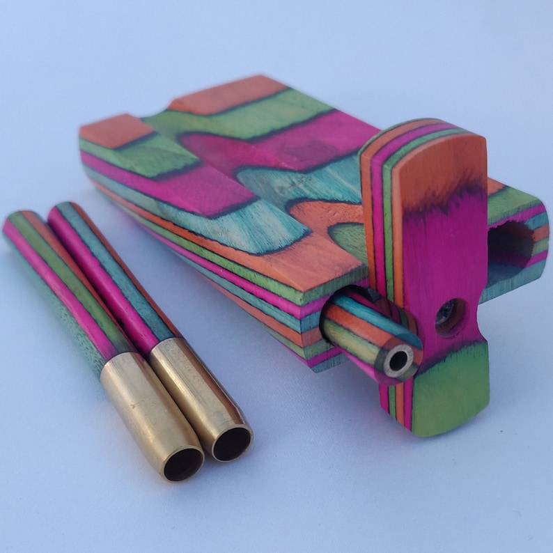 Brass Bowl Stash Box Set Rainbow Wooden Chillum Pipes 4 inch Rainbow Dugout with 3 Inch Brass and Wood One Hitter Bat +4 Pipe Screens