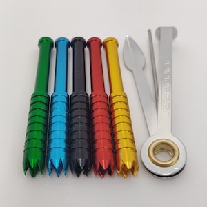 Grinder Tip Metal One Hitter - Colored Spiked Cigarette Pipe for Tobacco + 4 Brass Screens, Portable Pocket Pipe for Dugouts, FAST SHIPPING