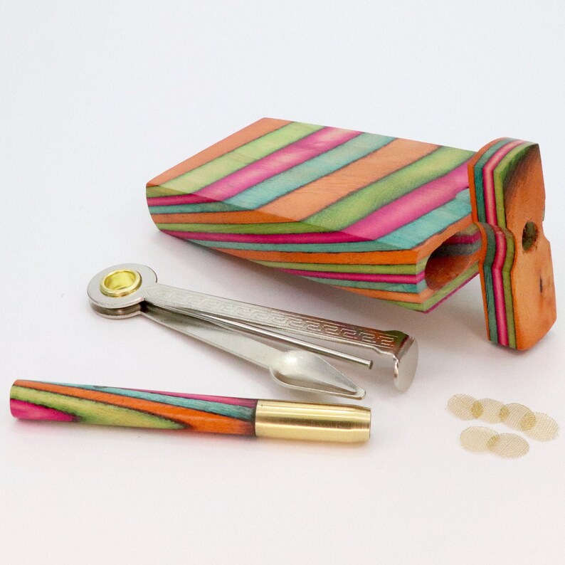 Rainbow 4' Dugout Stash Box - Brass & Wood One Hitter Bat Smoking Pipe  +10 Mini Smoking Pipe Screens / Brass Filters - Dug Out with Poker 