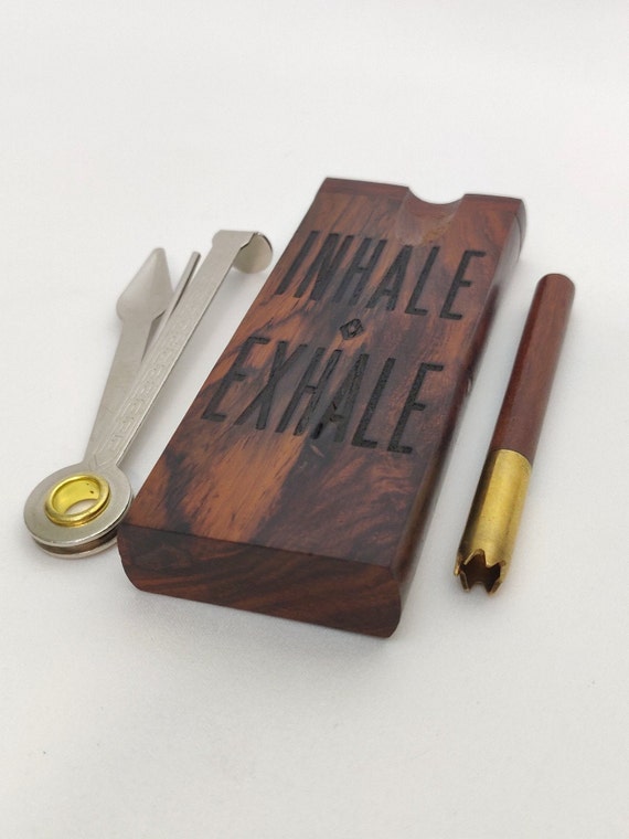 One Hitter Dugout Stash Box - Rosewood - Inhale Exhale - 4 Pipe Screens -  Cleaning Tool - Smoking Bat - Tobacco Pipe - Hitter Box - Grinder
