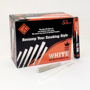 55PK King Size Pre-Rolled Cones - Bleached White Cones - Tobacco Pre-Rolls - Packing Straw included inside Every Cone