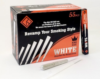 55PK King Size Pre-Rolled Cones - Bleached White Cones - Tobacco Pre-Rolls - Packing Straw included inside Every Cone