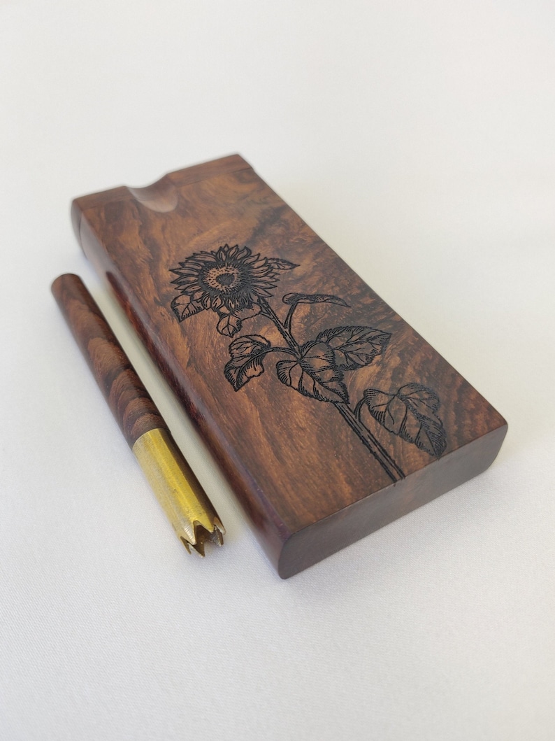 Sisso Sunflower One Hitter Dugout Stash Box, Brass Bat w/ Sisso Wood Adornment - Smoking Pipe +4 Mini Brass Pipe Screens - FAST SHIPPING! 