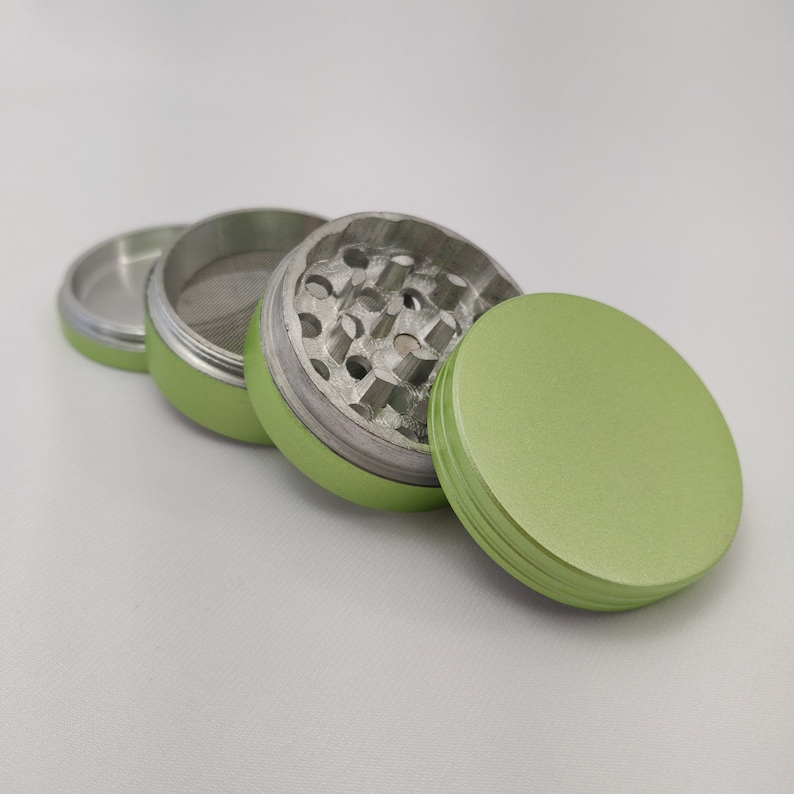 Lime Green Herb Grinder with Catcher, 2" Metal Grinder for Herbs, 4 Piece Tobacco and Kitchen Spice Grinder Set + Screened Bottom Chamber image 3