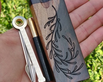 Ebony Wood Dugout Stash Box, Olive Branch Engraving, Pipe Screens, Grinder Tip Brass and Ebony Wood One Hitter Bat