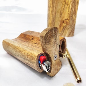 Handcrafted Mango Wood Dugout One Hitter, +2 Brass Bats, Mini Lighter Holder, +8 Mini Brass Screens / Filters for Chillums, 3-in-1 Tool Set
