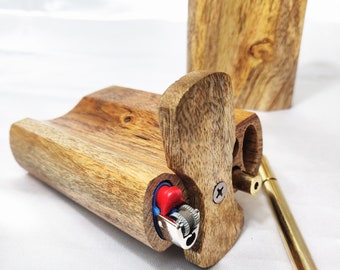 Handcrafted Mango Wood Dugout One Hitter, +2 Brass Bats, Mini Lighter Holder, +8 Mini Brass Screens / Filters for Chillums, 3-in-1 Tool Set