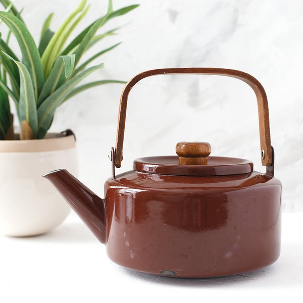 Vintage Teapot-Brown Enamelware-Tea Kettle-Coffee Pot-Boho Kitchen Decor