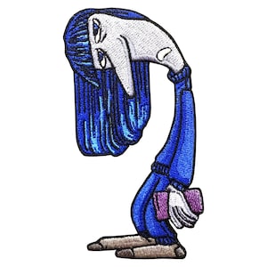 May include: An embroidered patch featuring a stylized figure with long blue hair, a white face, and a blue long-sleeved outfit. The figure is bent forward, holding a small purple rectangular object in white-gloved hands, with brown shoes.