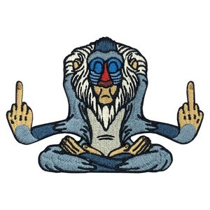 May include: Embroidered patch depicting a blue monkey in a seated pose, with arms extended and middle fingers raised. The monkey has a blue face with red and blue details, and white fur around the head.