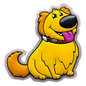 May include: A yellow cartoon dog patch with a large black nose, a pink tongue hanging out, and a brown collar. The dog has a fluffy tail and is rendered in a flat, graphic style with a clear, raised border surrounding the entire shape.