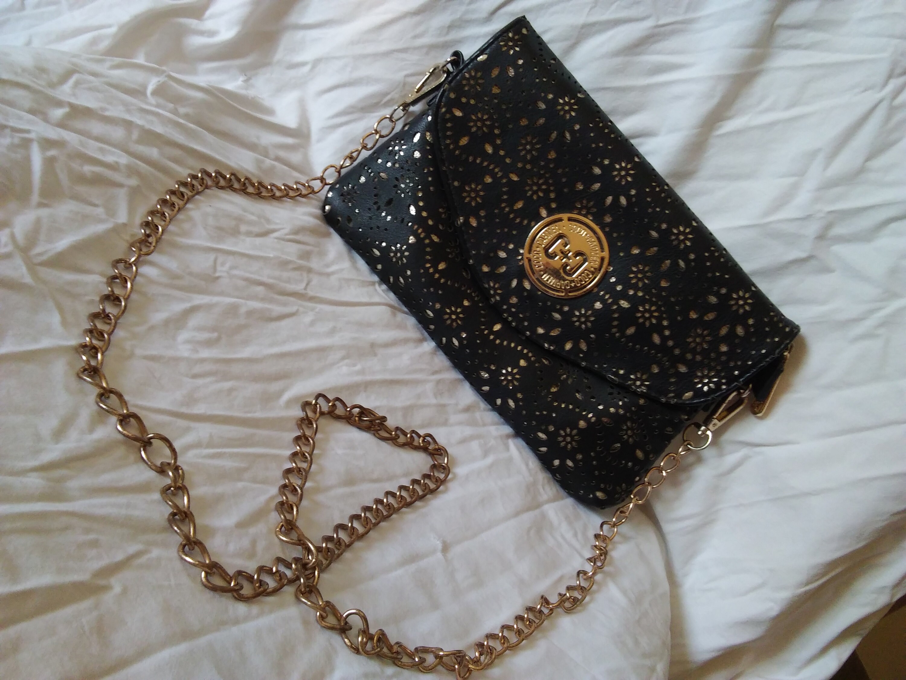 Coco + Carmen Black/ Gold Cross Body Gold Tone Logo Chain Purse/ Hand Bag