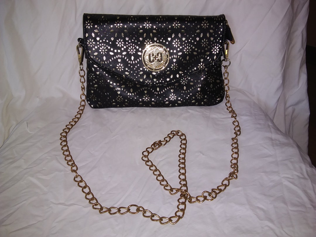 COCO CARMEN Black Gold Cross Body Gold Tone Logo Chain Purse Hand Bag Etsy