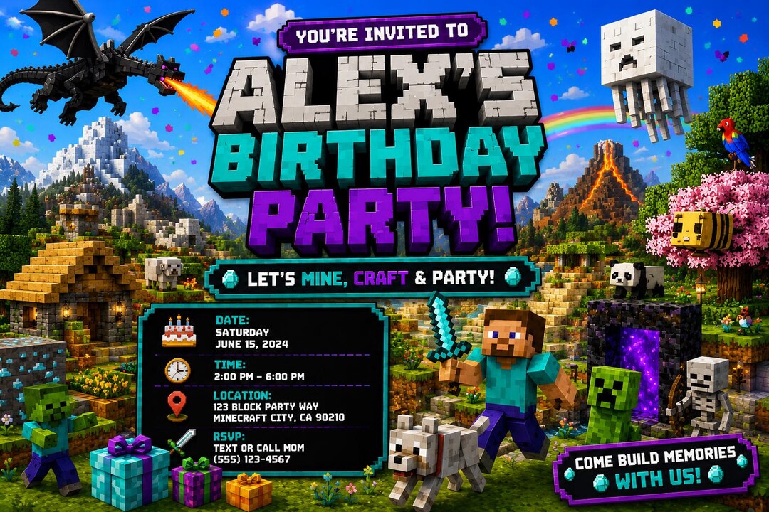 Minecraft Invite Code Playstation Minecraft Birthday Invitation, Gaming Party Invite, Editable Canva ...