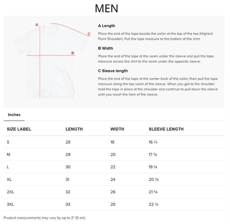 K&ouml;nnte beinhalten: Wei&szlig;es T-Shirt mit Messanweisungen. Das Bild enth&auml;lt ein Diagramm, das zeigt, wie man die L&auml;nge, Breite und &Auml;rmell&auml;nge eines T-Shirts misst. Die Ma&szlig;e sind in Zoll, mit Gr&ouml;&szlig;en von S bis 3XL.