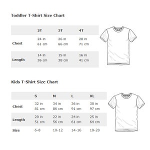 K&ouml;nnte beinhalten: Eine wei&szlig;e T-Shirt-Gr&ouml;&szlig;entabelle f&uuml;r Kleinkinder und Kinder. Die Kleinkind-Tabelle enth&auml;lt die Gr&ouml;&szlig;en 2T, 3T und 4T mit Brustma&szlig;en von 61 bis 71 cm. Die Kindertabelle enth&auml;lt die Gr&ouml;&szlig;en S, M, L und XL mit Brustma&szlig;en von 81 bis 97 cm.