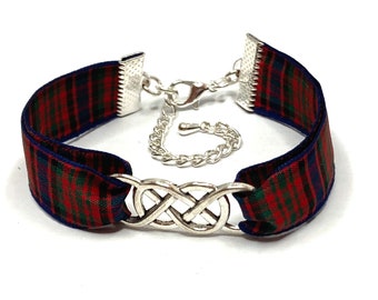Macdonald bracelet Scottish tartan with infinity/Celtic centre/heart/Celtic knot/ thistle/Scottie dog/Bagpipes and gift bag.