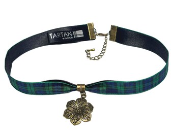 Black Watch choker necklace Scottish tartan bronze colour flower charm or double infinity centre on a branded card | Handmade in Scotland
