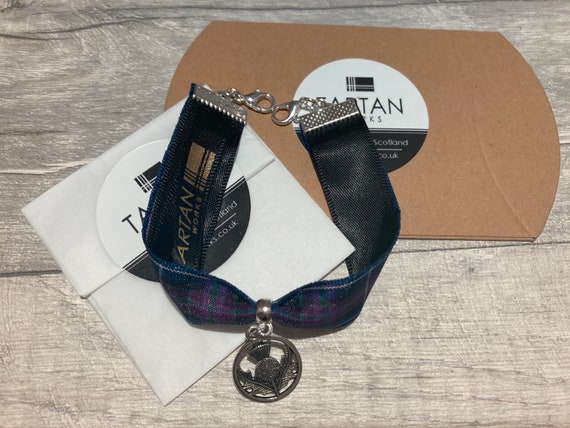 Pride of Scotland tartan ribbon bracelet with thistle charm and gift box