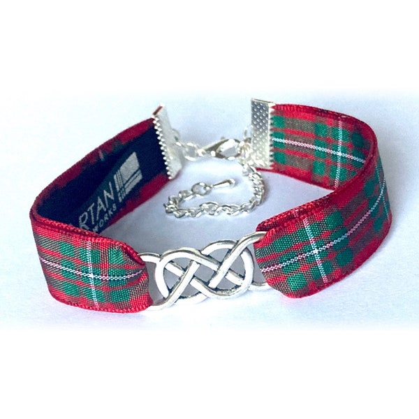 Bracelet MacGregor tartan écossais centre celtique/infini avec sac cadeau. Fabriqué à la main en Écosse. Cadeau.