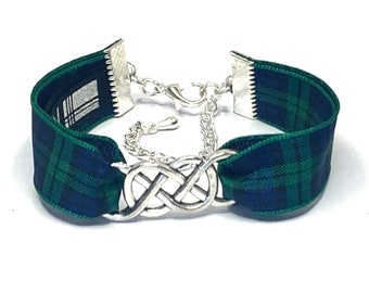 Black Watch bracelet Scottish tartan infinity/scottie dog/thistle/Celtic knot/bagpipes, Celtic centre. Handmade in Scotland. Gift