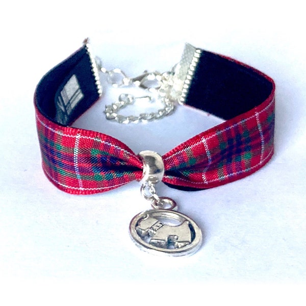 Fraser/Frazer bracelet Scottish tartan with infinity/scottie dog/thistle/Celtic knot/bagpipes charm. Handmade in Scotland. Gift