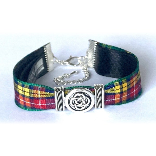 Buchanan bracelet Scottish tartan with infinity/ Celtic centre and gift bag. Handmade in Scotland. Gift