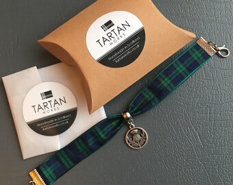 Pride of Scotland tartan ribbon bracelet with thistle charm and gift box