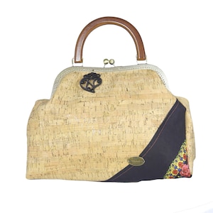 Die schwarze Blumen Vintage-Stil Hand Tasche, Stoff & Kork. Handgefertigt. Umweltfreundlich. VEGANER