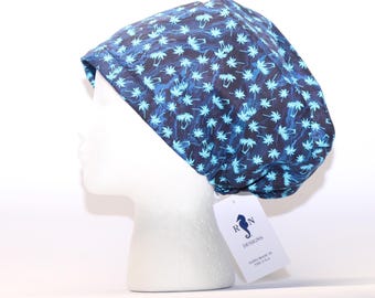 Women's Euro Surgical Scrub Cap, Aqua/Navy PALM TREE Print with cord lock