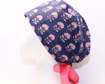 Women's European Style Surgical Scrub Cap, Pink and Navy FLORAL Block Print