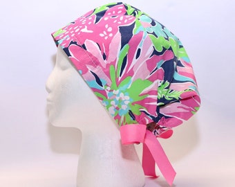 Women&#39;s European Style Surgical Scrub Cap, Floral Reef print