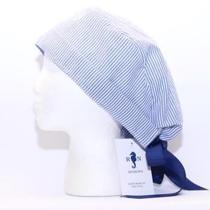 Women&#39;s European Style Surgical Scrub Cap, Blue Seersucker Fabric