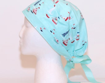 Women's European Style Surgical Scrub Cap, AQUA SAILBOATS