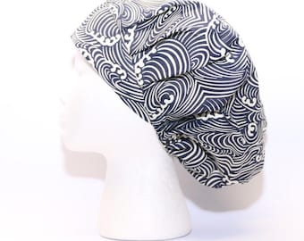 Women's Bouffant Scrub Cap, Navy Waves print
