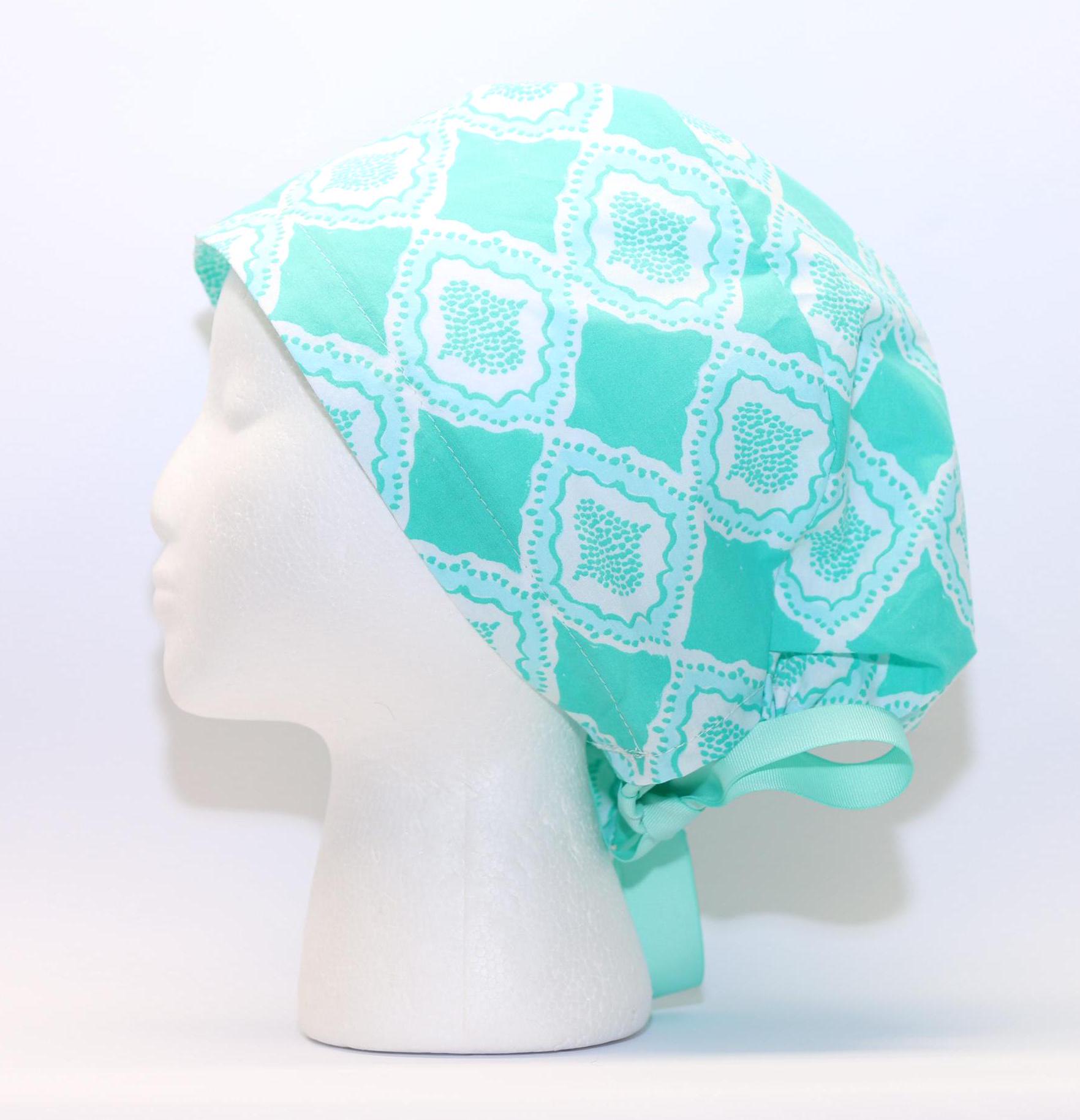 Women's European Style Surgical Scrub Cap, Aqua Block Print