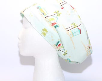 Women's Euro Scrub Cap SURF SHACK Print with cord lock