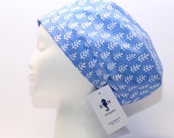 Women's Euro Surgical Scrub Cap, PERIWINKLE BLOCK PRINT with cord lock