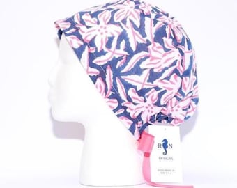 Women's European Style Surgical Scrub Cap, PINK/NAVY Block Print fabric