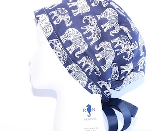 Women's European Style Scrub Cap, NAVY ELEPHANT Print