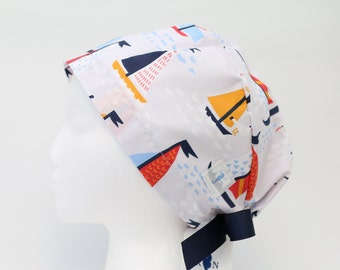 Women's European Style Surgical Scrub Cap,  PINK SAILBOAT PRINT
