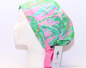 Women&#39;s European Style Surgical Scrub Cap, Pink and Green Palm Tree print in lightweight summer fabric