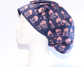 Women's Bouffant Style Surgical Scrub Cap, NAVY & PINK FLORAL block print