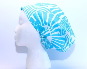 Women's Euro Scrub Cap, RETRO AQUA Print with cord lock