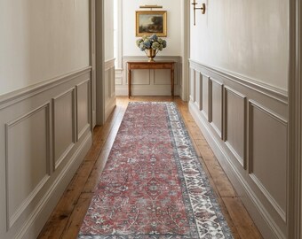 Faded Red Floral Runner Rug | 2.6x8.8 ft Vintage Hallway Stair | Turkish Oushak Wool Carpet