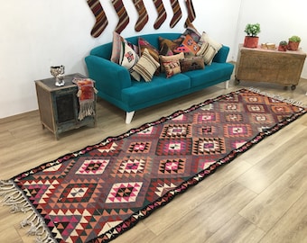 Alfombra Herki kilim, Alfombra de corredor vintage, Alfombra de cocina, Alfombra turca, 3,6 x 12,3 pies, Alfombra azteca, Alfombra Ikat, Alfombra oriental, Alfombra Boho, RK 10162