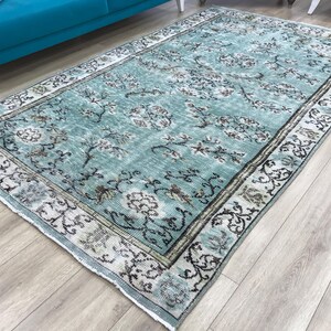 Light teal rug, Traditional rug, Turkish wool rug, Primitive rug, Rug for living room, Vintage rug, Gothic rug, 5.7 x 9.6 ft, RK 5924